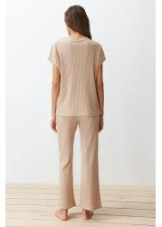  Collection Beige Corded Collar Detailed Knitted Pajamas Set THMSS24PT00234