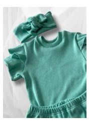 özge başaran طقم بناتي من Mint مكون من 4 قطع - شورت مكشكش، تي شيرت، جوارب، شريط