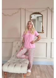 Pijamaevi Pink Bonjour Patterned Short Sleeve Knitted Women's Pajamas Set