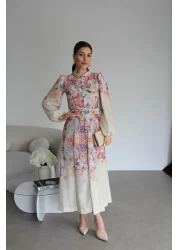 Julidress فستان من الكتان بتصميم مميز بطول متوسط ​​الطول وياقة واقفة وأزرار باللون البيج مع حزام