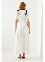 Bianco Lucci فستان نسائي متوسط الطول بياقة على شكل حرف V وأكمام قصيرة مزين بفيونكة 60251279