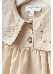 Minipodyum Baby Girl Collar Embroidered Bag Holiday Linen Dress