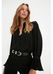  Collection Spanish Sleeve Black Woven Shirt - Regular Fit TWOAW22GO0487