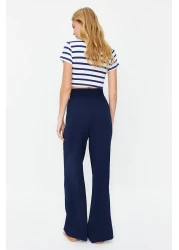  Collection Navy Blue Wide Leg / Wide Ankle Waist Elastic Woven Trousers TWOSS22PL00024