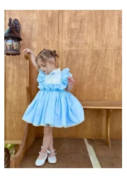 Linarookids Vintage Baby Girl Dress with Laurel Blue Bow, Birthday Dress, Photo Shoot Dress, Suitable for 0-7 Years Old