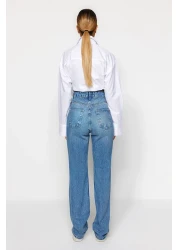  Collection Blue Ripped High Waist Long Straight Jeans TWOAW24JE00033