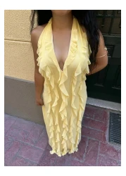 moneta boutique Women's Ruffled Long Halter Design Dress