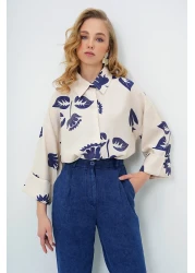 Trend Alaçatı Stili Women's Navy Blue-Beige Double Cuffed Leaf Patterned Woven Shirt Alc-X13785