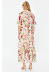  Modest Ecru Chiffon Evening Dress - Floral Pattern, TCTSS24EB00007