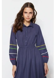  Modest Navy Blue Stripe Detailed Half Placket Cotton Woven Dress TCTSS23EB00302