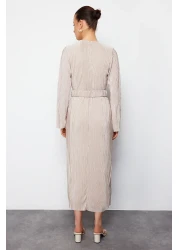  Modest Gold Knitted Dress - Belt and Pleated, TCTSS24EB00154