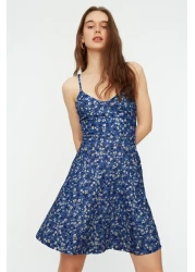  Collection Blue Floral Print Mini Knitted Dress with Backless and Adjustable Straps - TWOSS20EL1630