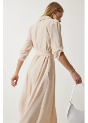 Happiness İstanbul Women's Cream Belted Shirt Dress DD01256