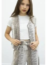 Cansın Mini Girl's 2-Piece Suit with Coffee Buttoned Vest and Wide-Leg Belted Trousers 21014