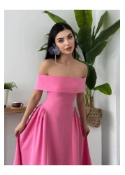 Julidress فستان سهرة طويل بياقة مادونا بطيات طويل وقلم رصاص ممتاز