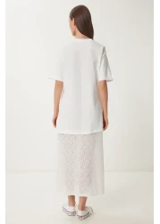 Happiness İstanbul Women Bone Stretchy Knitted Top Lace Skirt Dress Cr00486