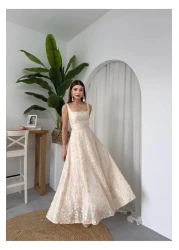 Julidress فستان طويل من الكتان بتصميم مميز مع تطريز وزهرة وردية ثلاثية الأبعاد مطرزة بحزام مبطن