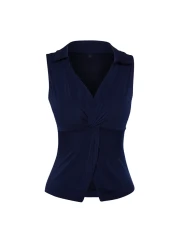  Collection Navy Blue Fitted/Fitted Polo Neck Stretchy Knitted Blouse Twoss24Bz00085