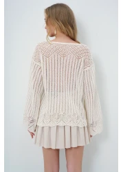Trend Alaçatı Stili Women's Vanilla Boat Neck Openwork Summer Knitwear Blouse ALC-X10640