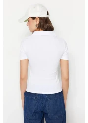  Collection White Zipper Detailed Fitted Polo Neck Ribbed Stretchy Knitted Blouse TWOSS23BZ00496