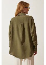 Happiness İstanbul Women's Khaki Oversize Muslin Shirt with Pockets MX00150