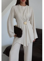 Laluvia Natural Gold Brooch Blouse Trousers Set - 8759