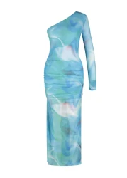  Collection Blue Patterned Draped Body Fitted Flexible Maxi Tulle Pencil Dress TWOSS23EL01799