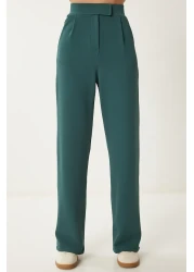 Happiness İstanbul Women's Emerald Green Velcro Waist Comfortable Woven Trousers RV00150