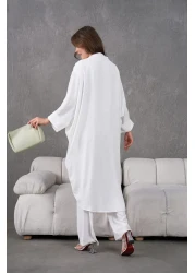 Miss Allos طقم كيمونو وبنطلون نسائي من الأمام مزين بزهرة التول ومطرز بالأحجار