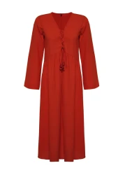  Collection Red Maxi Woven Flounce 100% Cotton Beach Dress Tbess25El00015