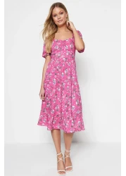  Collection فستان منسوج متوسط الطول بطبعة زهور وأكمام بالون وردي على شكل حرف A TWOSS20EL2323