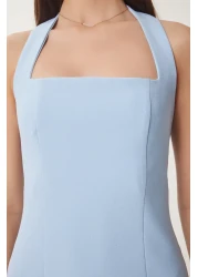 Lovelyİstanbul فستان منسوج متوسط ​​الطول بحزام سميك أزرق سماوي Lfk0005