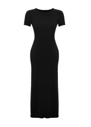  Collection Black Short Sleeve Bodycone/Fitted Crew Neck Flexible Knitted Maxi Pencil Dress TWOSS24EL00097