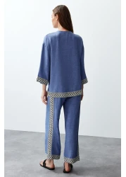  Collection Indigo Embroidered Woven Kimono-Pants Set Twoss24Au00094