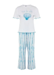  Collection White-Blue Striped Printed Baby Overlock Detailed Viscose Knitted Pajamas Set Thmss25Pt00141