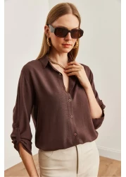 Olalook Women's Linen Shirt - Brown, Sleeve Folded, Gml- 19000825