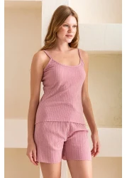 GİYSA Rose Rope Strap Camisole with Shorts Women's Pajamas Set Cotton Blended Fabric - 6015