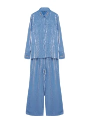  Collection Satin Woven Navy Blue Shirt and Trousers Set - Accessory Detailed TWOAW25AU00088