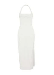  Collection White Lined Body Fitting Midi Woven Dress with Slit Detail Tprss24El00136