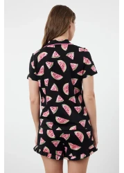  Collection Women Couple/Pair Black 100% Cotton Watermelon Patterned Frilly Shorts Knitted Pajamas Set Thmss21Pt0670