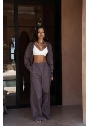 MAİ COLLECTİON طقم بنطلون قميص بني داكن من ميرابيلا