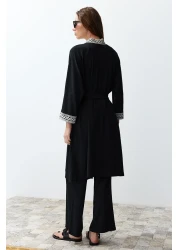 Collection Black Embroidery Detailed Belted Woven Kimono-Pants Set Twoss24Au00064