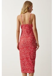 Happiness İstanbul Women's Red and White Floral Slit Summer Knitted Dress CI00029