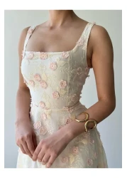 Julidress فستان كتان بتصميم مميز مع تطريز وحزام بنمط زهرة وردية ثلاثية الأبعاد