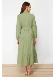  Modest Light Khaki Belted Chief Collar Button Detail Woven Dress TCTSS21EL3343