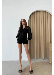 RB CLUB بلوزة شيفون بأكمام مفصلة وأزرار باللون الأسود