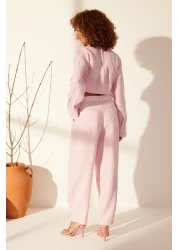  Collection بنطلون وردي 100% كتان عالي الخصر TWOSS24JE00243