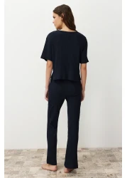  Collection Corduroy Pajama SeT - Navy Blue, Slogan PrinTed T-shirt and Trousers THMSS21PT1016