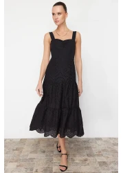  Collection Black Waist Opening Lined Midi Embroidery Woven Dress TWOSS23EL00156