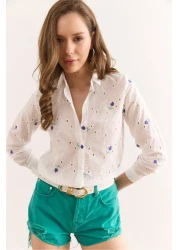 Olalook Women's White Purple Color Floral Cotton Scallop Shirt Gml-19001326